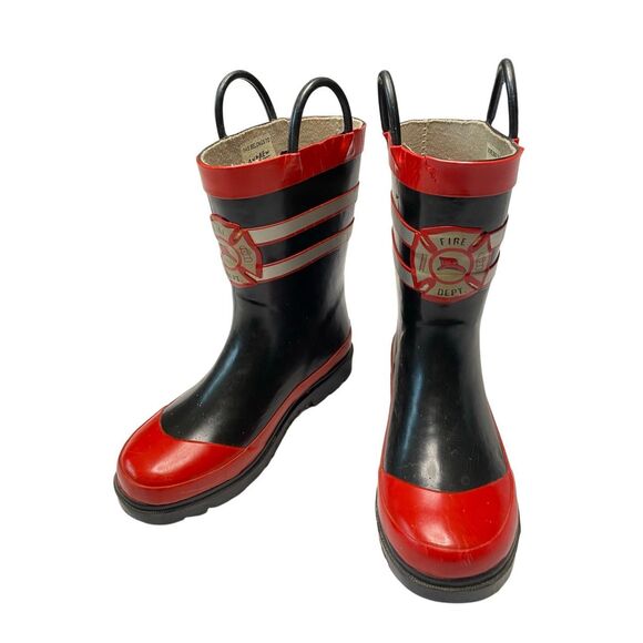 Fire Department Boys Rubber Waterproof Mid-Calf Red Black Pull On Rain Boots - Picture 1 of 13
